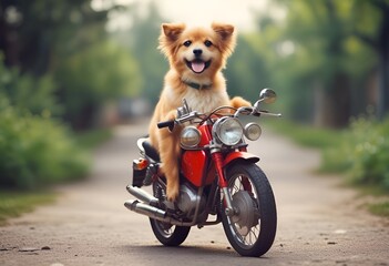 funny picture of cute spotted dog riding a red motorcycle