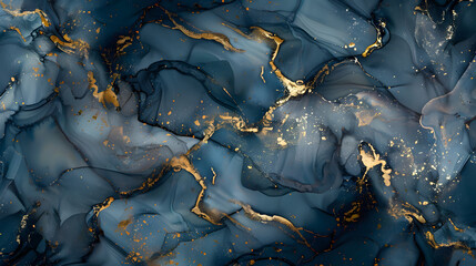 Luxury abstract fluid art painting in alcohol ink technique, mixture of dark blue, gray and gold paints marble background. Generative AI.