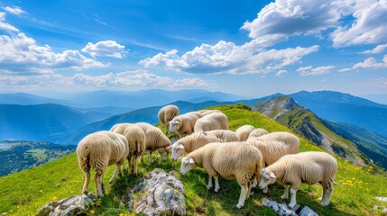 Fototapeta premium Tranquil sheep grazing in scenic mountain landscape with serene outdoor nature vibe