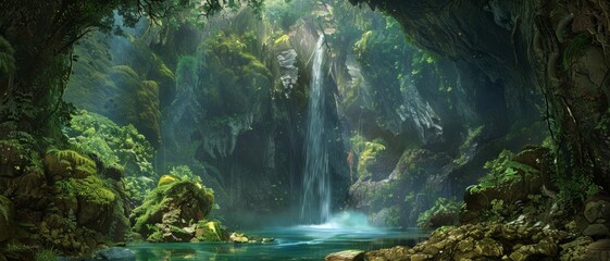 A lush green forest with a waterfall in the background