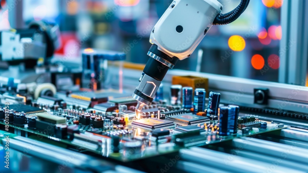 Poster Close-up of a high-precision robot arm in a modern high-tech factory. Production of electronic devices, automated modern PCB assembly line