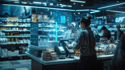 Naklejka premium People use modern Self-Checkout Station with POS Machine interface payments online shopping digital futuristic design. AI Image Generative
