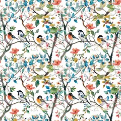 Beautiful feathered bird, tree, flower, watercolor, stitches, seamless pattern, textile, fashionable summer vintage wallpaper design, illustration, background.