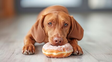 the joyous moment of a Vizsla Dog eat doughnut in special shot photography