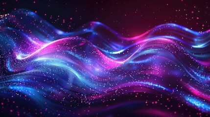 Glowing abstract wave on dark, shiny motion, magic space light, techno abstract background ,A vibrant and dynamic wave of brilliant colors emerges from a velvety black background