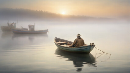 Naklejka premium Fisherman in boat in the morning 