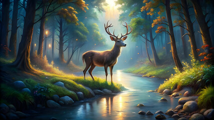 A deer standing in a forest at night against the light