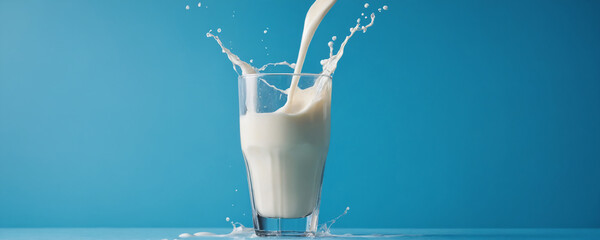 A close-up of a glass filled with fresh milk. A stream of milk is pouring into the glass, creating a splash and splash. Blue background