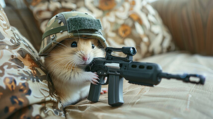 Funny hamster in a helmet with a machine gun, humorous background image of a soldier's mouse