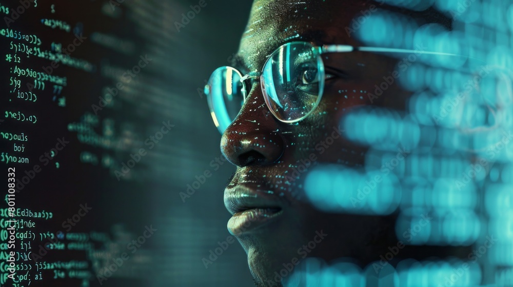Poster close-up of a black man, programmer, it specialist, analyst with glasses, reading an html script in 
