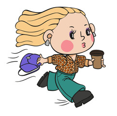 young beautiful girl running late with a cup of coffee in her hand.