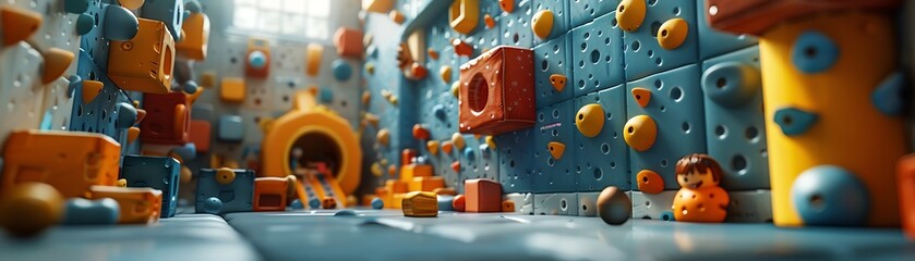 Enthusiastic 3D cartoon of children on a climbing wall in a playground, showcasing adventure and fun