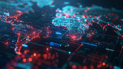 Close-up of a 3D hologram showing a global supply chain network, interconnected routes and nodes