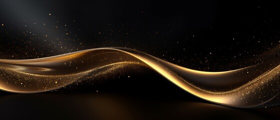 Golden particles and sparkling dust creating a wave on a black background for an abstract, luxurious look,