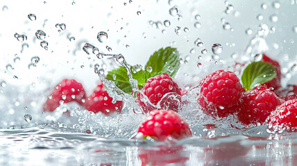Ripe red raspberries in a splash of water close-up, dynamic image