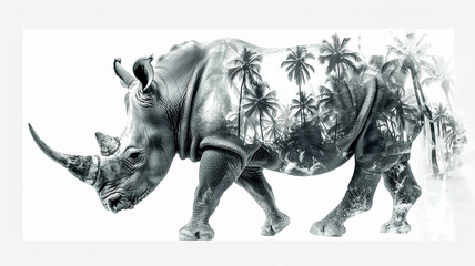 Rhinoceros in palm leaves, abstract black and white graphic background image of the animal