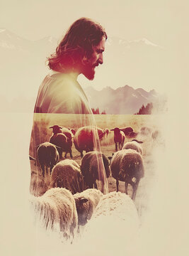 Double exposure image of Jesus Christ, the good shepherd and flock of sheep