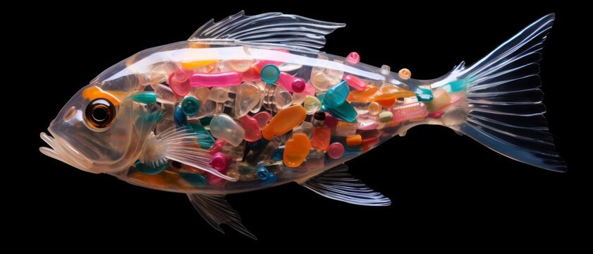 An isolated image of a fish with its interior composed of colorful plastic pellets, marine pollution metaphor,