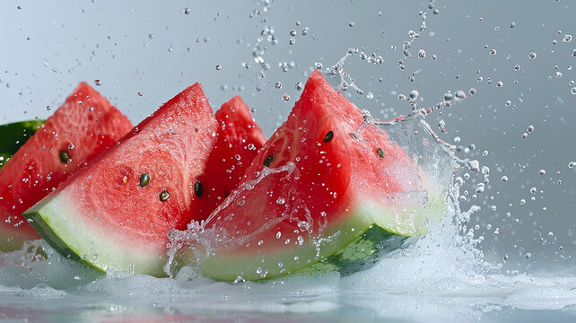 Ripe red watermelon slices in a splash of water close-up, dynamic image