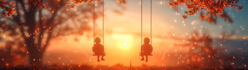 Playful 3D cartoon illustration of children on a playground swing set, with a setting sun background