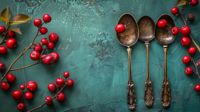 Spoons with fresh dogwood berries on green background