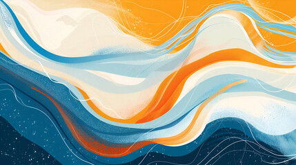 Bright colours cascade orange, blue, and white abstract wave music cover banner design with a grainy texture gradient background