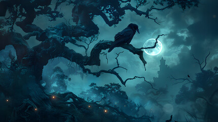 Supernatural Night: A Full Moon Mystery with Radiating Crow and Mysterious Glowing Orbs - obrazy, fototapety, plakaty