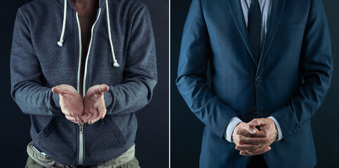 Before and after, poor and businessman in studio to compare of begging, struggle and poverty to...