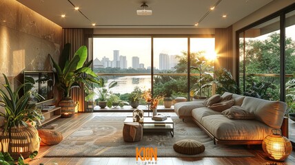A living room with a large window overlooking a city - obrazy, fototapety, plakaty
