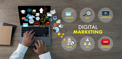 tablet-using online businessman utilizing digital marketing analysis Digital search engine...