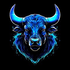 Logo for the holiday of San Fermin. Image of a blue bull on a black background. Neon color. Line art