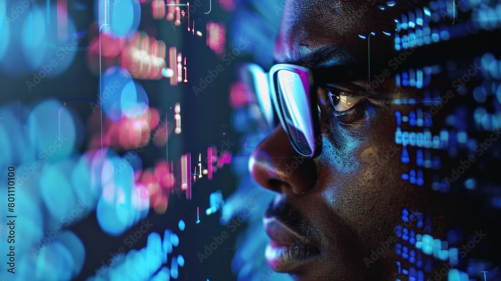 Poster close-up of a black man, programmer, it specialist, analyst with glasses, reading an html script in 
