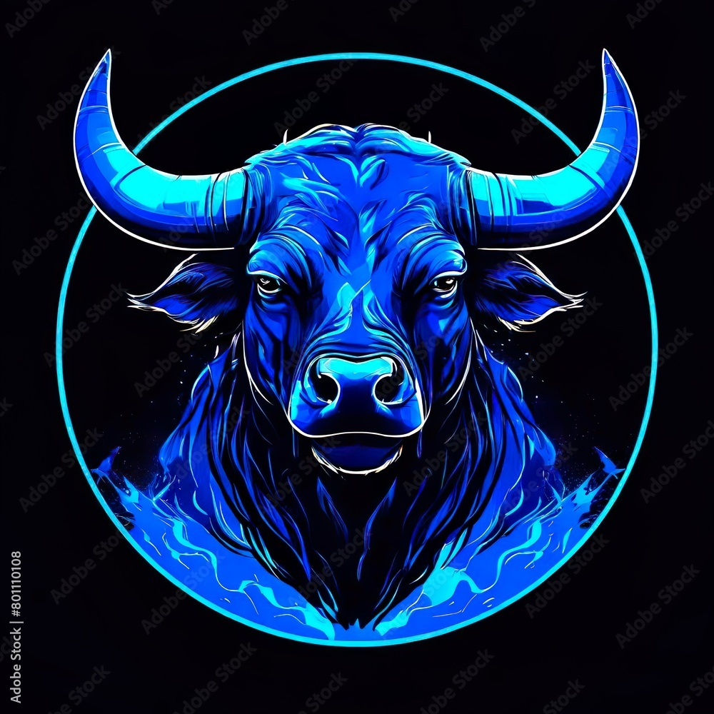 Wall mural logo for the holiday of san fermin. image of a blue bull inside a blue circle in blue flames on a bl