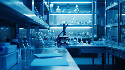 Modern Lab Ambiance. A high-tech laboratory with blue lighting and advanced scientific equipment