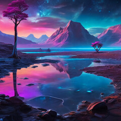 Fantasy of neon forest. Glowing colorful look like fairytale. 2D Illustration.
