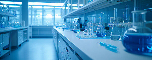Fototapeta premium A modern laboratory filled with scientific glassware and high-tech equipment, showcasing a sterile and precise research environment
