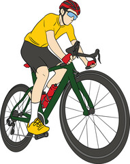 Naklejka premium vector cycling bicycle rider athlete wearing sunglasses on road bike coloring silhuotte drawing helmet racing tour 
