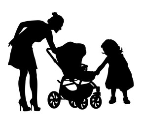 Family silhouettes. Mother walking with baby in stroller. Vector illustration.