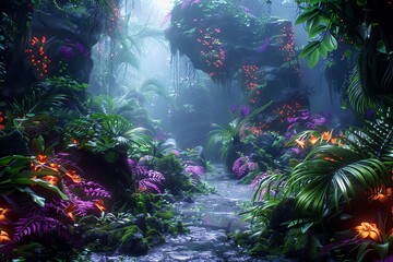 Fototapeta na wymiar Lush alien rainforest with glowing flora and interactive fauna, ultrarealistic details