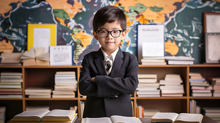 Asian student boy with suit coat and books. Back to school concept