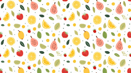 A seamless pattern of hand-drawn fruits and leaves on a white background