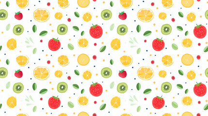A seamless pattern of hand-drawn fruits and leaves on a white background.