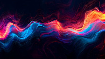 Orange, blue, magenta, pink, and black abstract glowing colour flow wave, dark backdrop, noise...