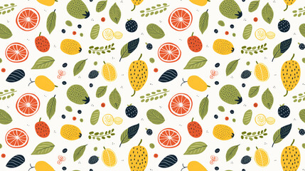 A seamless pattern of hand-drawn fruits and leaves.