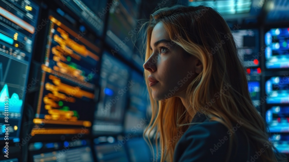 Poster a young confident female programmer, it specialist dealing with software, coding, cybersecurity surr