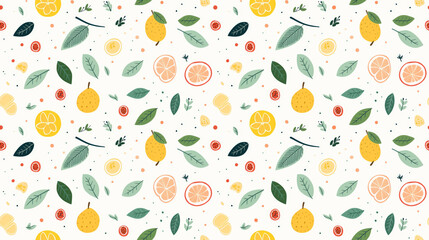 A seamless pattern of hand-drawn lemons, leaves, and flowers.