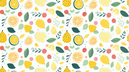 A seamless pattern of hand-drawn lemons, strawberries, and leaves