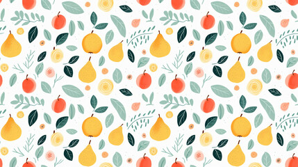 A seamless pattern of hand-drawn pears and leaves in a simple, modern style