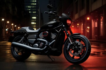 A black Harley Davidson motorcycle is parked on a city street at night, under the glow of streetlights. Generative AI