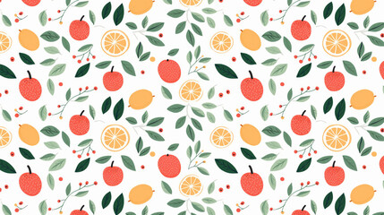 A seamless pattern of hand-drawn lemons, apples, and leaves.